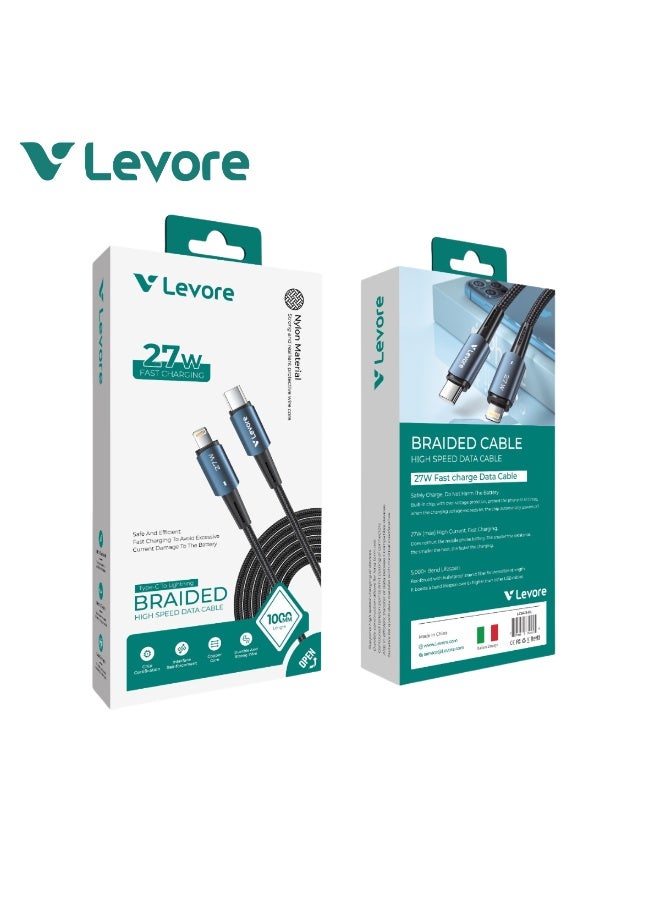 LEVORE 1M Nylon Braided 27w USB C to Lightning Cable  LC8412-BL - Image 2